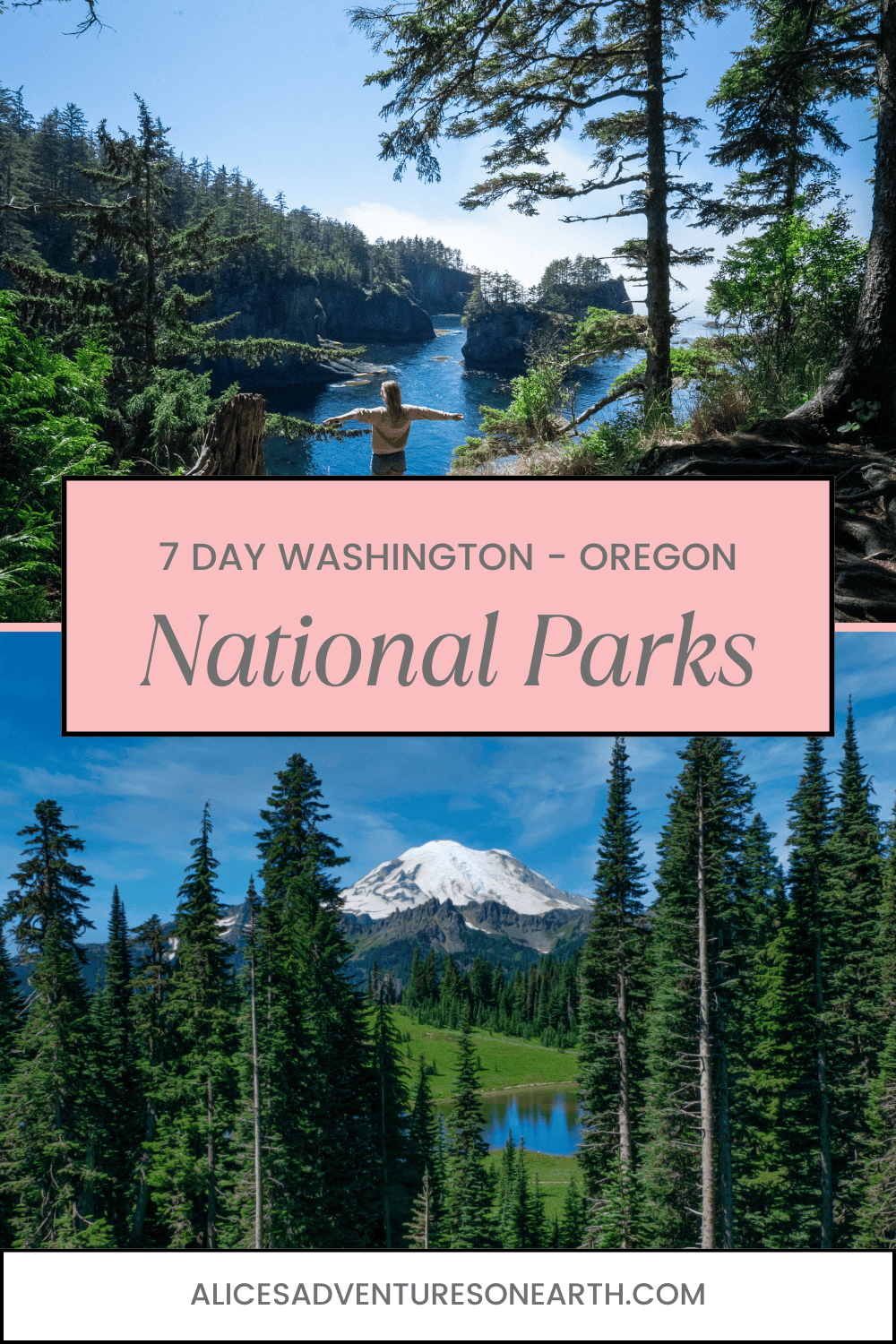 Spend 7 days exploring the national parks in the Washington and Oregon in the Pacific Northwest. Visiting Olympic National Park, Rainier, Mt Hood and more. #roadtrip #nationalparks 