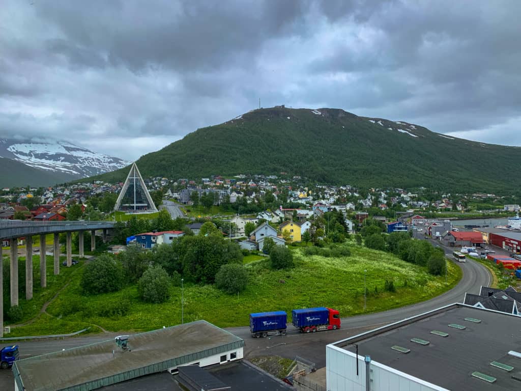 View of the Arctic Cathedral in Tromsø from the bridge