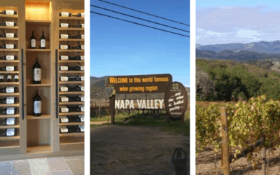 A wine cellar, a sign reading "Napa Valley", and rolling grape vines in Napa Valley