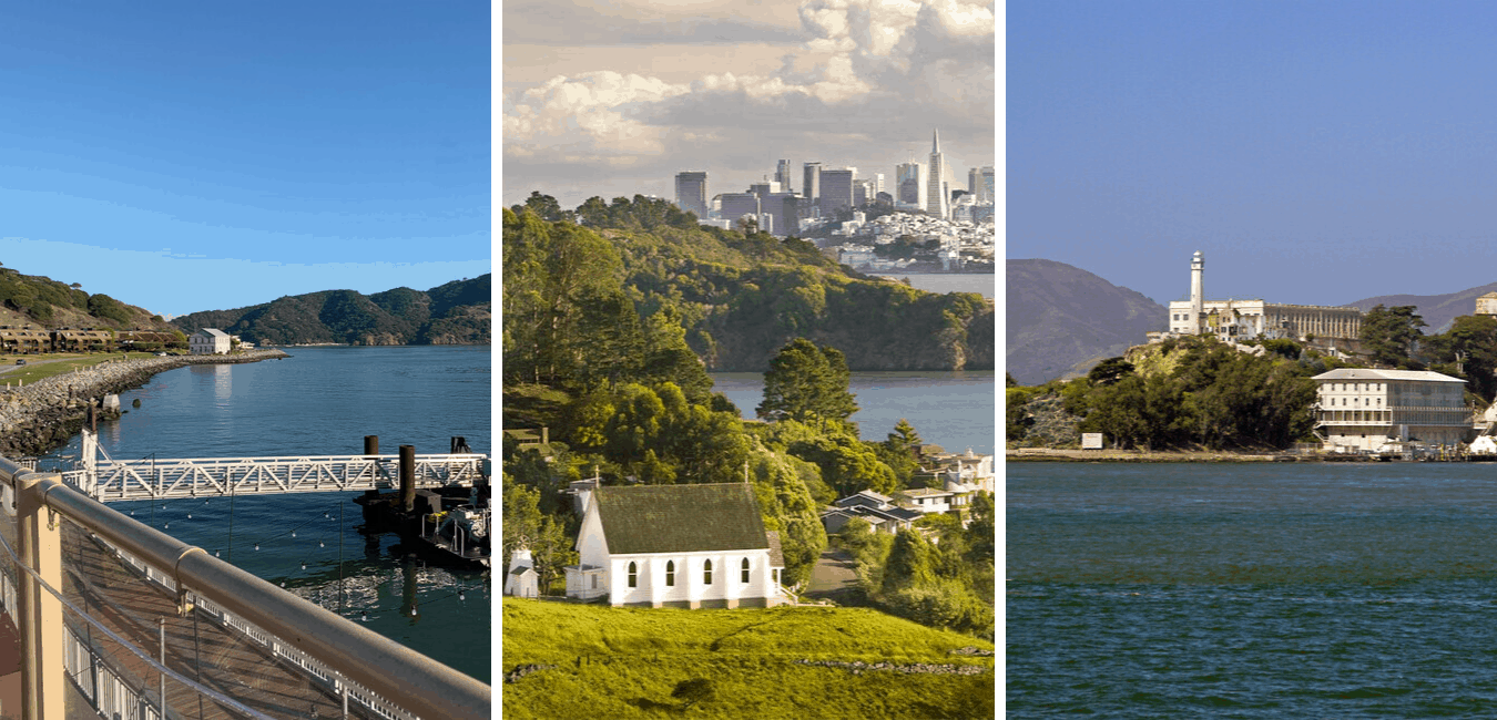 Three images showing different areas around Tiburon, California