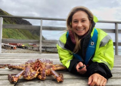 Alice in Northern Norway with a king crab
