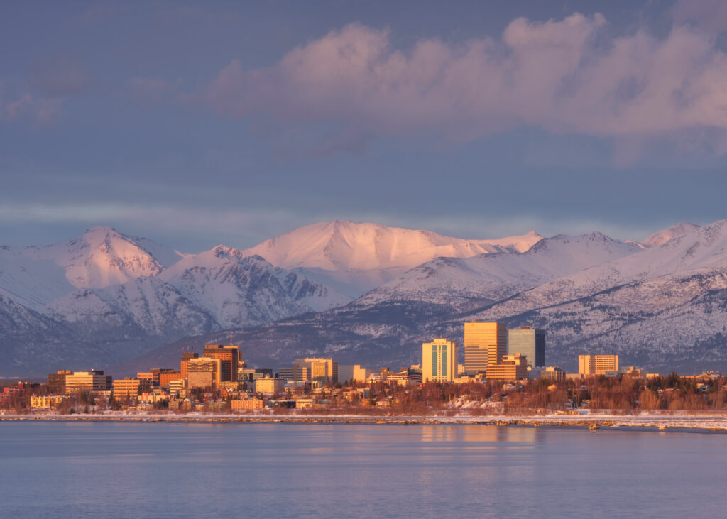 View of downtown Anchorage looking across Cook Inlet from the Tony Knowles Coastal Trail, one of the stops on a 10-day Alaska national parks road trip