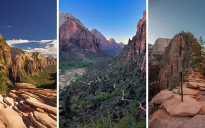 Three separate images showing different views of Angels Landing