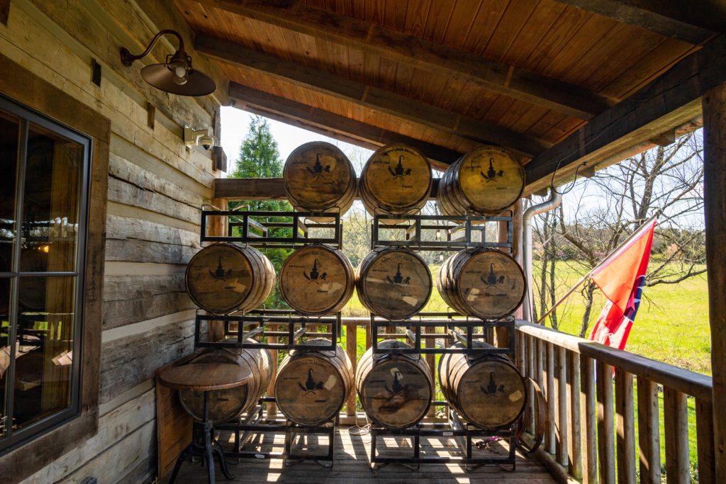 Leipers Fork wall of whiskey barrells