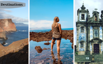Three images showing a rocky coast, a woman standing with her feet in the ocean surrounded by rocks, and an old church with blue tiles