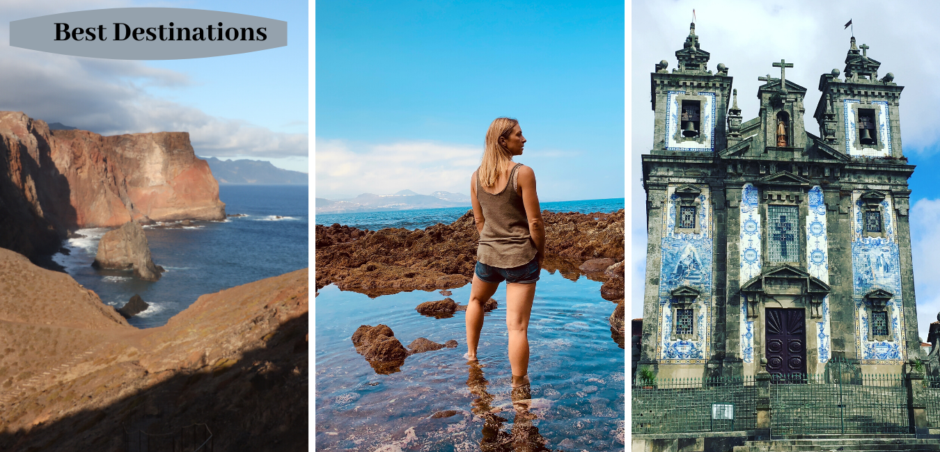Three images showing a rocky coast, a woman standing with her feet in the ocean surrounded by rocks, and an old church with blue tiles