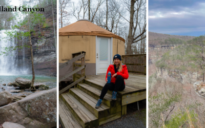 Three images of Alice Ford visiting Cloudland Canyon State Park: standing in front of a waterfall and sitting in front of her cabin in the park