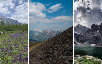 Three different images of mountains in Colorado during the spring