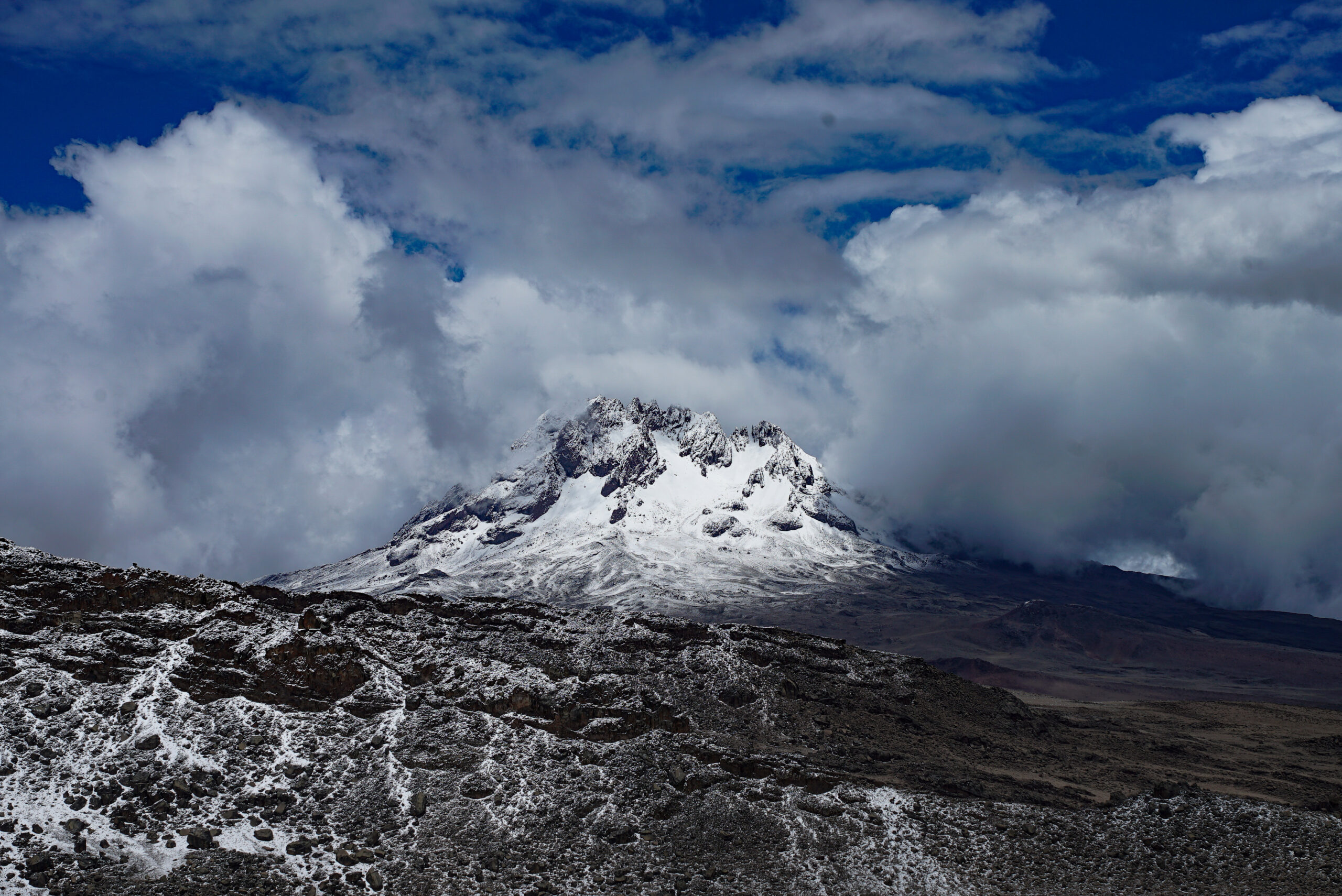 Snow covering Kibo Peak Mt Kilimanjaro in Tanzania, Africa 