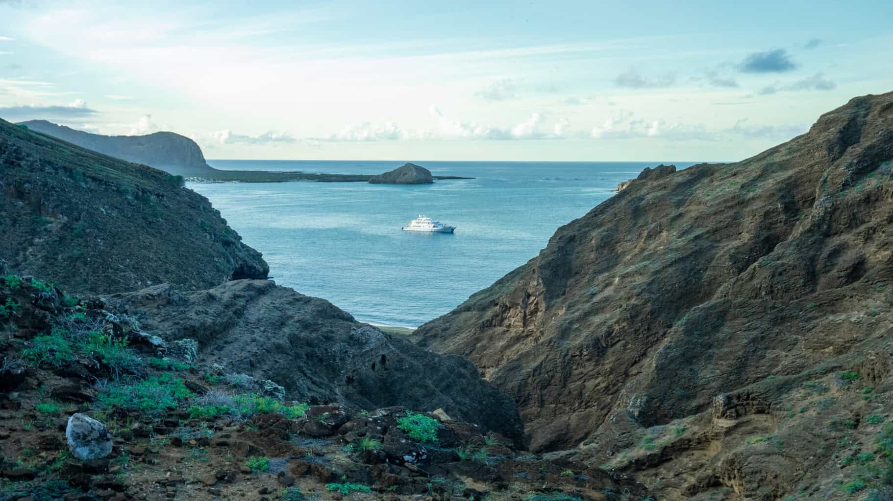 Yacht sits anchored in the oceans of the Galapagos 