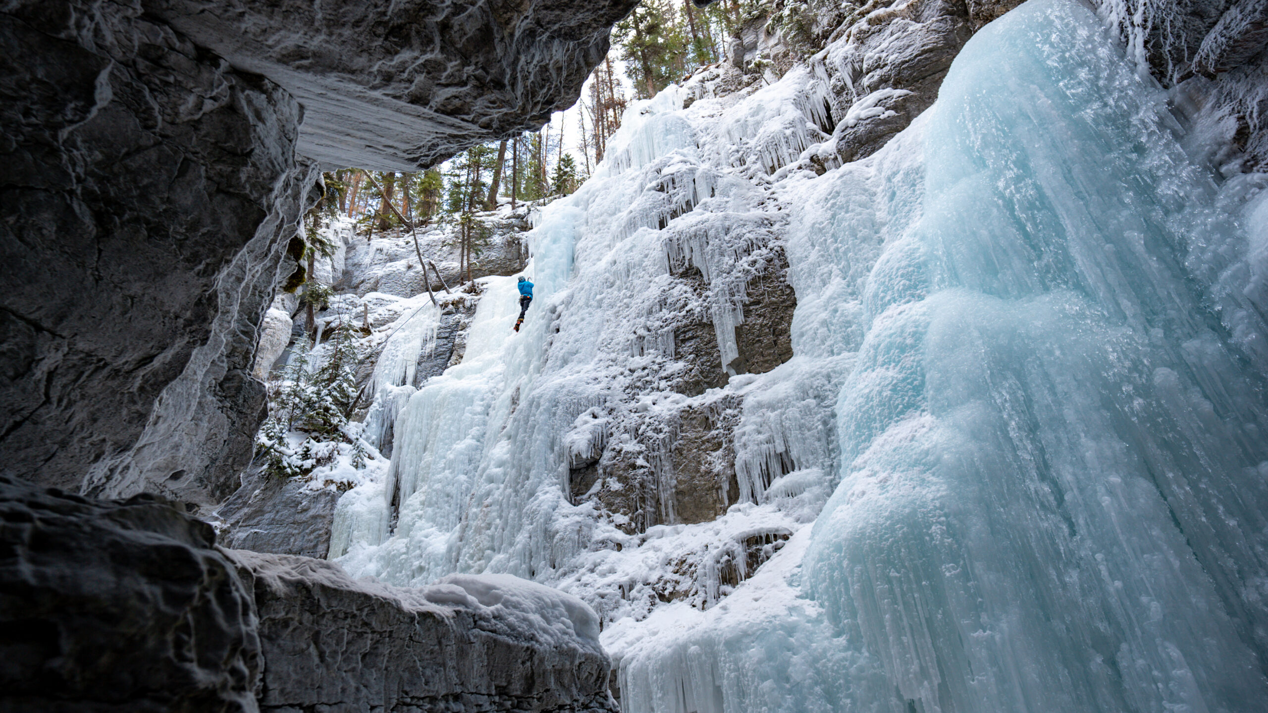 Ice climber in maligne Canyon in Jasper National park along the icefields parkway 