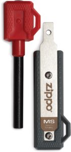 Shown is the Zippo Mag Strike Fire Starter with magnesium ferros rod and steel striker plate, featured in a holiday gift guide for outdoorsmen