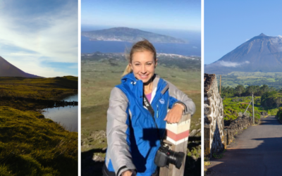 three photos volcanic peak, woman hiking, volcano from the road