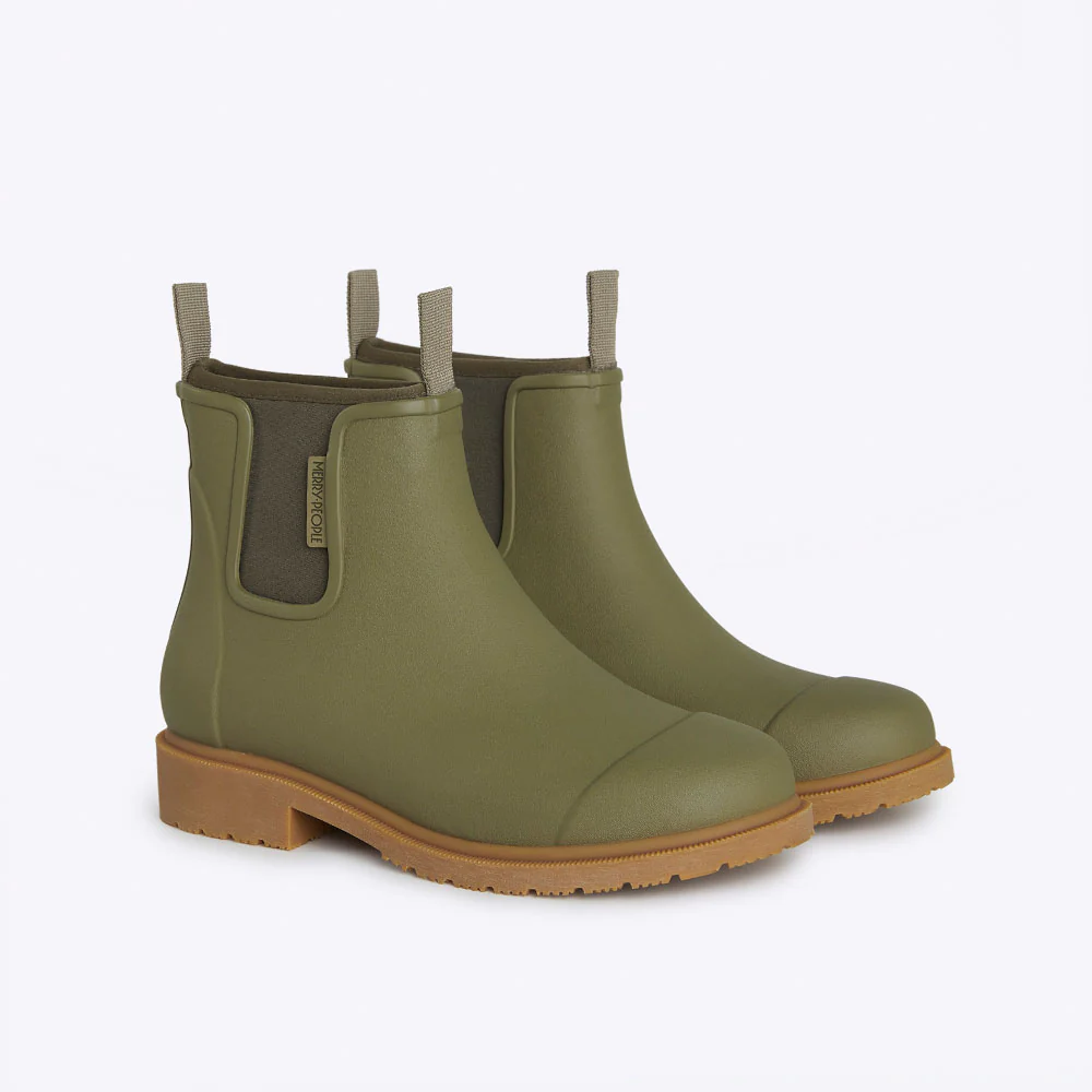 Pictured is a pair of Merry People Bobbi Rain Boots in khaki color, listed as one of the best gift ideas for outdoor lovers in a 2024 holiday gift guide