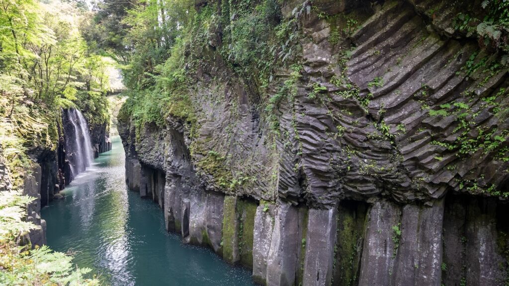 View of a waterfall Takichiho Gorge taken at midday during Alice Ford's trip solo traveling in Japan