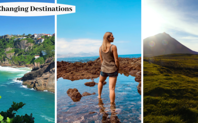 Three life changing travel destinations, seaside cliffs, Alice Ford standing with her feet in a rocky pool near the sea, and a grassy hill