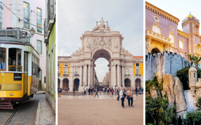 A yellow trolley rides through Lisbon, an ornate arch, and the Sintra Palace