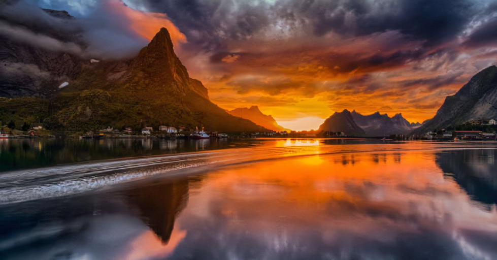sunset over a norwegian fjord
