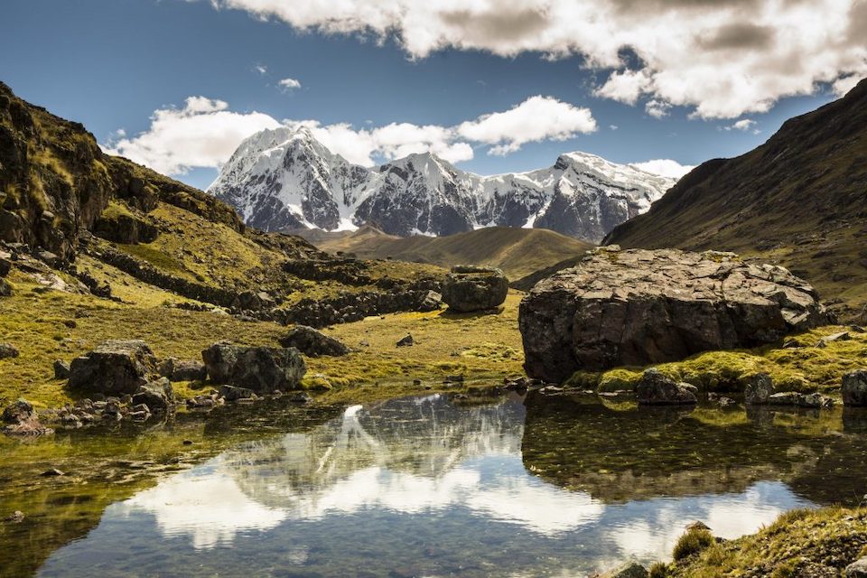 Overlooking snow covered mountains in Peru