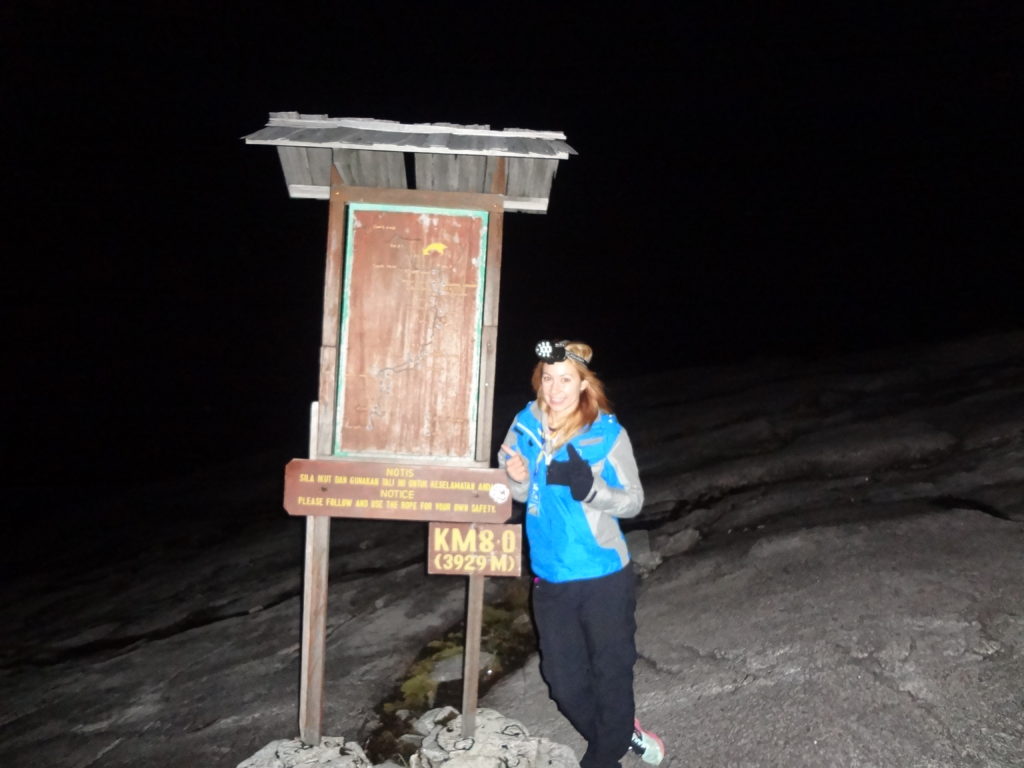 Alice reaching 8km in the wee hours of the morning, hiking Borneo