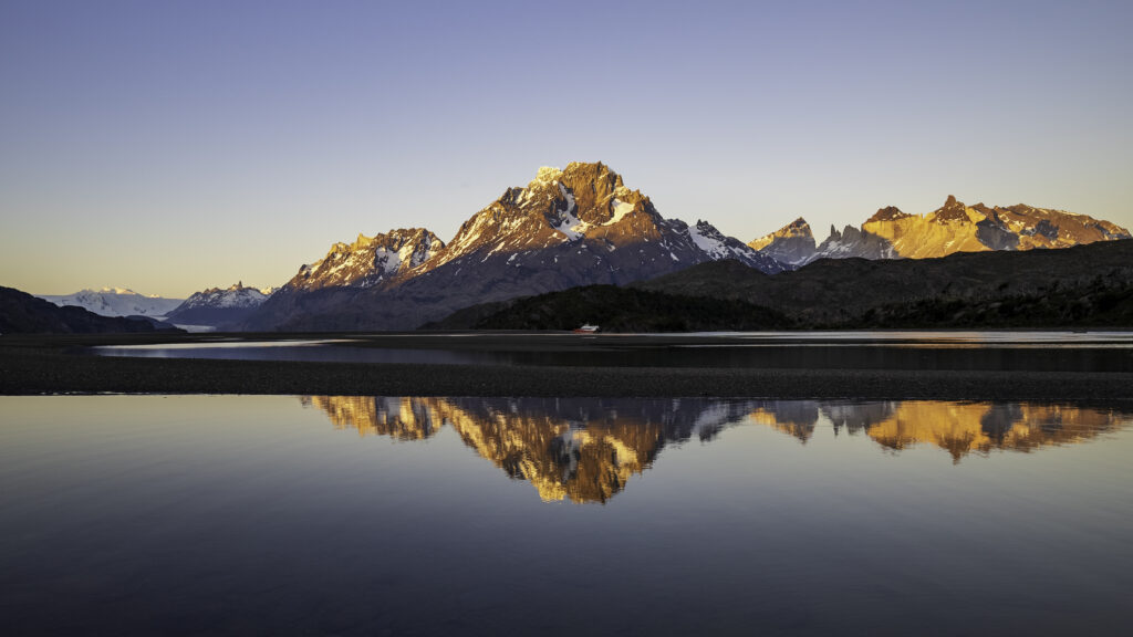 Evening views from the window of hotel Lago Grey in Torres Del Paine National Park in Chile
