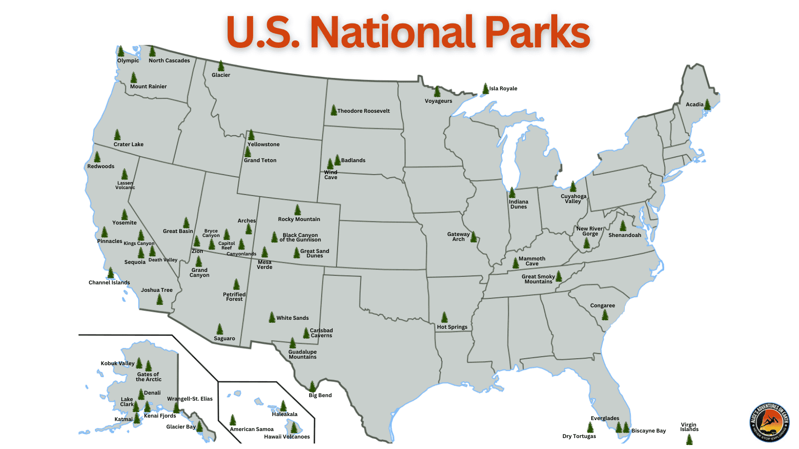 Map of U.S. national park road trip destinations, including all 63 national parks in the United States and territories