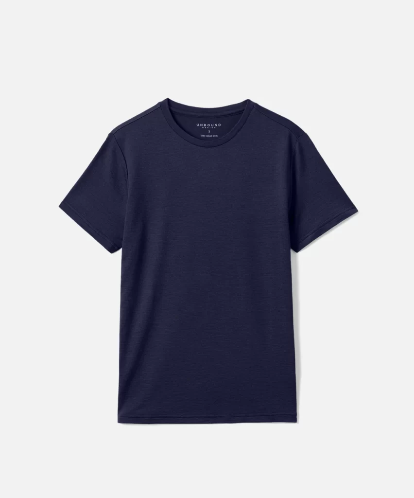 Unbound Merino wool crew neck t-shirt shown in navy blue as part of a 2024 gift guide for outdoorsmen