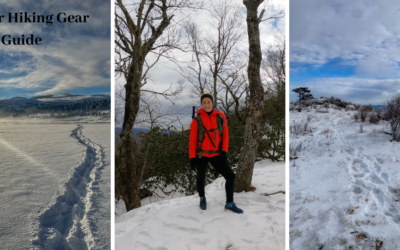 Three images of hiking during the winter months, snowy fields and a women in a red winter jacket on a snowy hiking trail