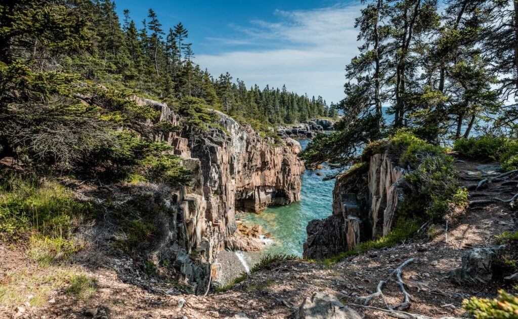 A popular stop on a U.S. national park road trip, Acadia National Park in Maine features mountains and wild, rugged beaches lined with evergreen trees as shown