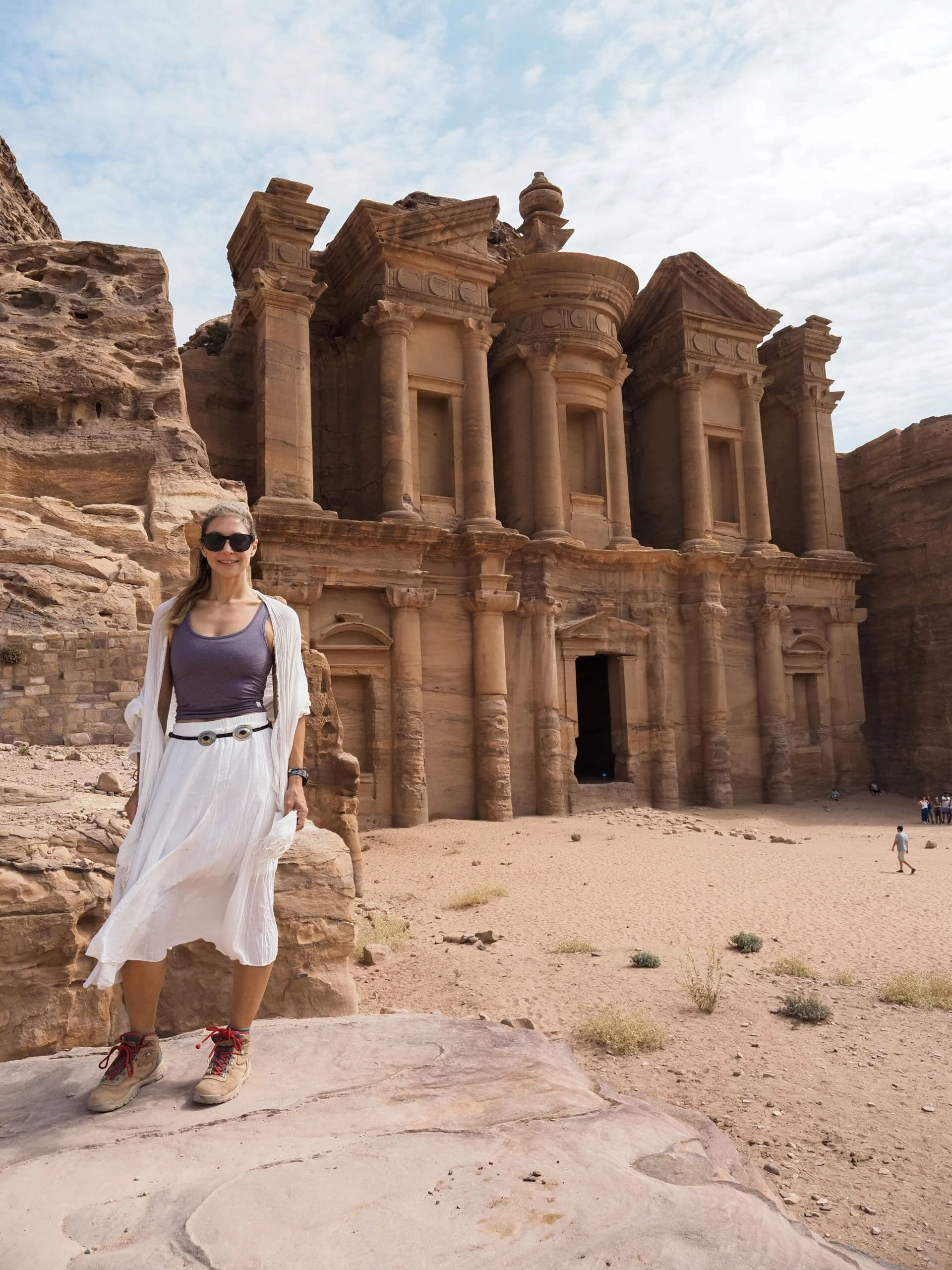 Alice in front of the rock-cut Monastery (Ad Deir) at Petra