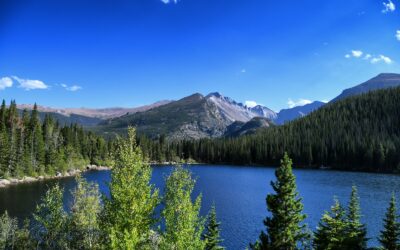 Pictured is Bear Lake in Estes Park, CO, one of the top places to explore during a 14-day coast to coast national parks road trip with a stop in Rocky Mountain National Park