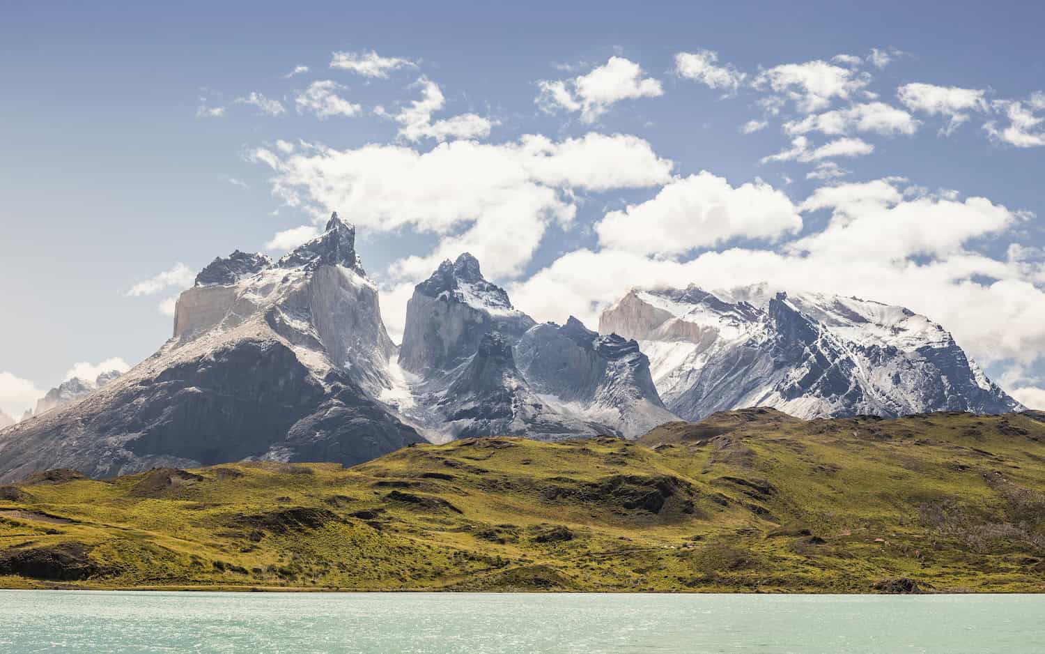 Landscape over Grey Lake and Cuernos del Paine, Torres del Paine national park, Chile
