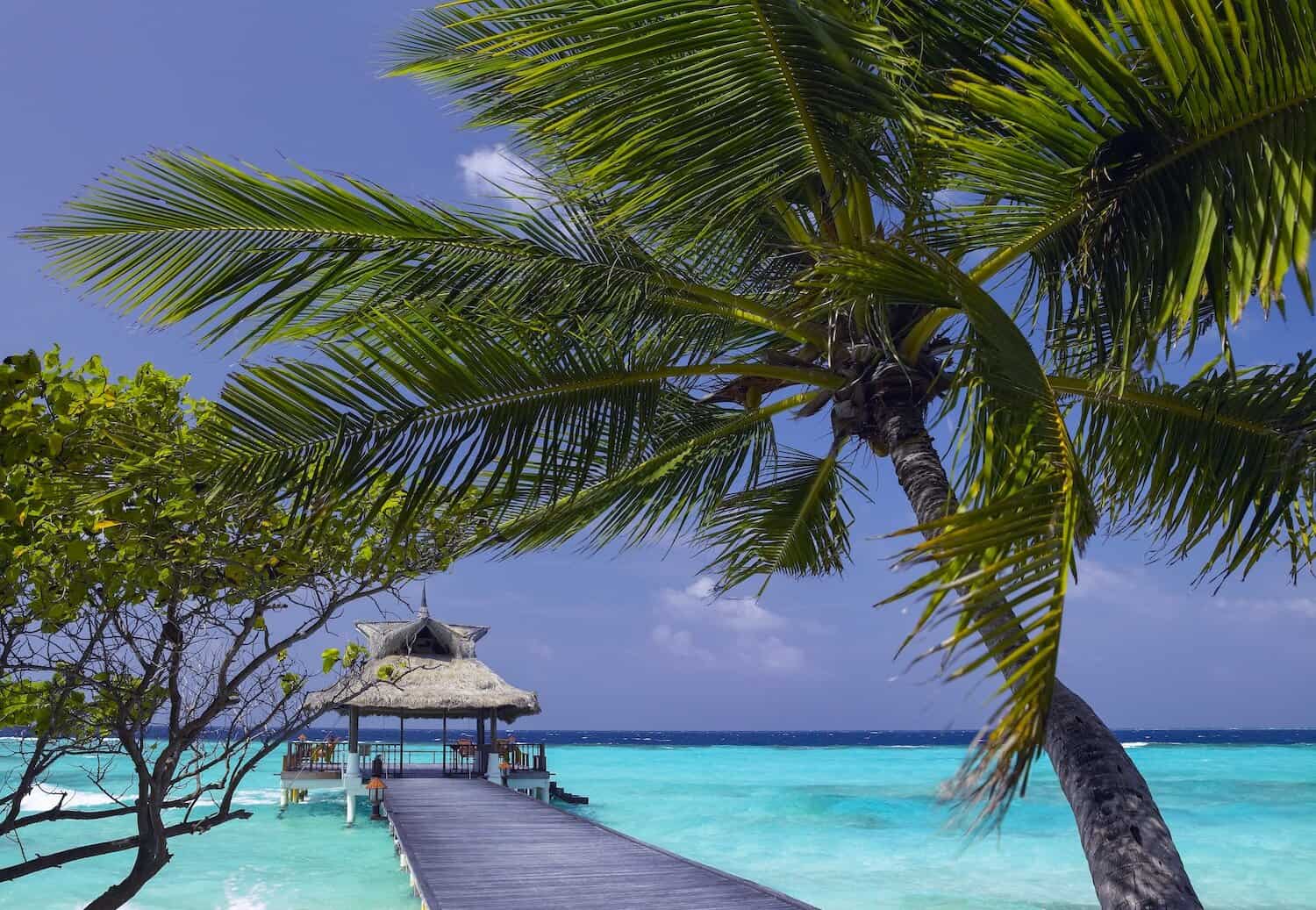 Jetty at a luxury vacation resort in South Ari Atoll in the Maldives, Indian Ocean.