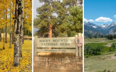 Rocky Mountain National Park entrance sign, autumn leaves