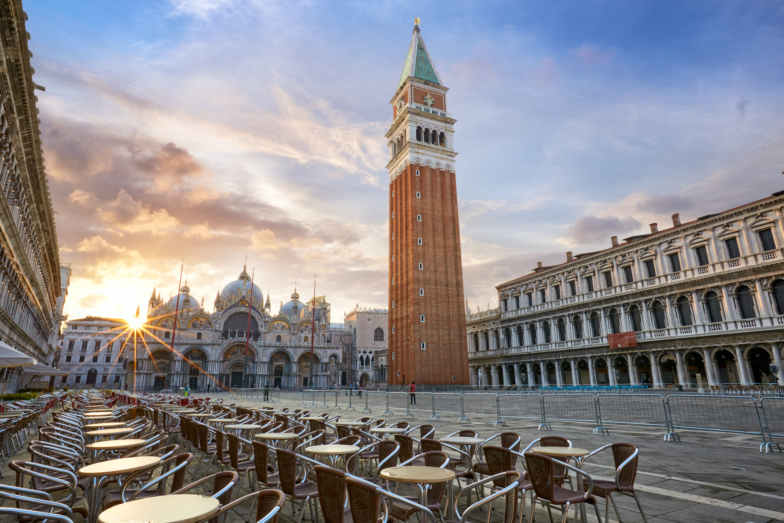 San Marco square with Campanile and Saint Mark's Basilica at sunrise, Venice, Italy